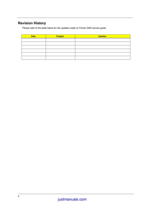 Page 2II
Revision History
Please refer to the table below for the updates made on Ferrari 3400 service guide.
DateChapterUpdates
 justmanuals.com
 