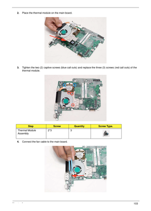 Page 113Chapter 3103
2.Place the thermal module on the main board.
3.Tighten the two (2) captive screws (blue call outs) and replace the three (3) screws (red call outs) of the 
thermal module.
4.Connect the fan cable to the main board.
StepScrewQuantityScrew Type.
Thermal Module 
Assembly2*3 3 