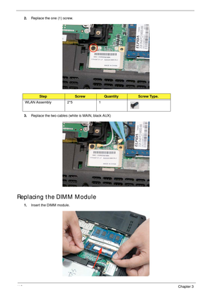 Page 12811 8Chapter 3
2.Replace the one (1) screw.
3.Replace the two cables (white is MAIN, black AUX)
Replacing the DIMM Module
1.Insert the DIMM module.
StepScrewQuantityScrew Type.
WLAN Assembly 2*5 1 