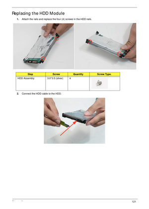 Page 131Chapter 3121
Replacing the HDD Module
1.Attach the rails and replace the four (4) screws in the HDD rails.
2.Connect the HDD cable to the HDD.
StepScrewQuantityScrew Type.
HDD Assembly 3.0*3.5 (silver) 4 