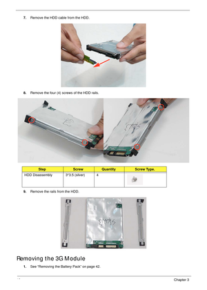 Page 5646Chapter 3
7.Remove the HDD cable from the HDD.
8.Remove the four (4) screws of the HDD rails. 
9.Remove the rails from the HDD.
Removing the 3G Module
1.See “Removing the Battery Pack” on page 42.
StepScrewQuantityScrew Type.
HDD Disassembly 3*3.5 (silver)  4 