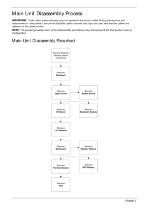 Page 6454Chapter 3
Main Unit Disassembly Process
IMPORTANT: Cable paths and positioning may not represent the actual model. During the removal and 
replacement of components, ensure all available cable channels and clips are used and that the cables are 
replaced in the same position.
NOTE: The product previews seen in the disassembly procedures may not represent the final product color or 
configuration.
Main Unit Disassembly Flowchart
Remove External
Modules bef ore
proceeding
Remove
Mainboard
Remove...