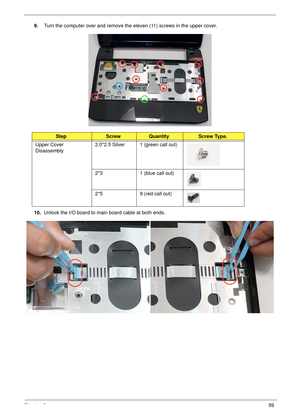 Page 69Chapter 359
9.Turn the computer over and remove the eleven (11) screws in the upper cover.
10.Unlock the I/O board to main board cable at both ends.
StepScrewQuantityScrew Type.
Upper Cover 
Disassembly2.0*2.5 Silver 1 (green call out)
2*3 1 (blue call out)
2*5 9 (red call out) 