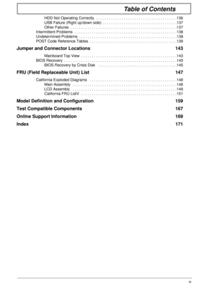 Page 9ix
Table of Contents
HDD Not Operating Correctly  . . . . . . . . . . . . . . . . . . . . . . . . . . . . . . . . . . . . . .136
USB Failure (Right up/down side) . . . . . . . . . . . . . . . . . . . . . . . . . . . . . . . . . . .137
Other Failures  . . . . . . . . . . . . . . . . . . . . . . . . . . . . . . . . . . . . . . . . . . . . . . . . . .137
Intermittent Problems  . . . . . . . . . . . . . . . . . . . . . . . . . . . . . . . . . . . . . . . . . . . . . . . .138
Undetermined Problems . . . . . ....