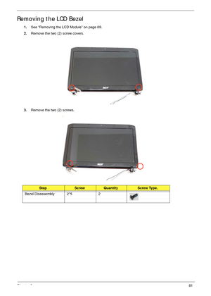 Page 91Chapter 381
Removing the LCD Bezel
1.See “Removing the LCD Module” on page 69.
2.Remove the two (2) screw covers.
3.Remove the two (2) screws.
StepScrewQuantityScrew Type.
Bezel Disassembly 2*5 2 