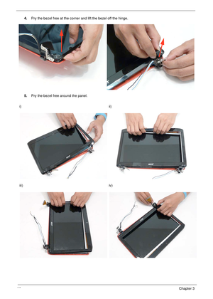 Page 9282Chapter 3
4.Pry the bezel free at the corner and lift the bezel off the hinge.
5.Pry the bezel free around the panel.
i) ii)
iii) iv) 