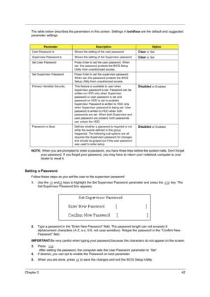 Page 50Chapter 242
The table below describes the parameters in this screen. Settings in boldface are the default and suggested 
parameter settings.
NOTE: When you are prompted to enter a password, you have three tries before the system halts. Don’t forget 
your password. If you forget your password, you may have to return your notebook computer to your 
dealer to reset it.
Setting a Password
Follow these steps as you set the user or the supervisor password:
1.Use the w andy keys to highlight the Set Supervisor...