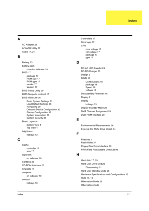 Page 117Index111
A
AC Adapter 25
AFLASH Utility 37
Audio 17, 21
B
Battery 23
battery pack
charging indicator 10
BIOS 17
package 17
ROM size 17
ROM type 17
vendor 17
Version 17
BIOS Setup Utility 29
BIOS Supports protocol 17
BIOS Utility 29–36
Basic System Settings 31
Load Default Settings 36
Navigating 29
Onboard Device Configuration 33
Startup Configuration 32
System Information 30
System Security 34
Board Layout 4
Bottom View 5
Top View 4
brightness
hotkeys 13
C
Cache
controller 17
size 17
caps lock
on...