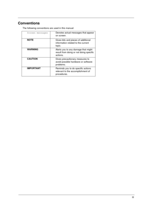 Page 3III
Conventions
The following conventions are used in this manual:
Screen messagesDenotes actual messages that appear 
on screen.
NOTE
Gives bits and pieces of additional 
information related to the current 
topic.
WARNING
Alerts you to any damage that might 
result from doing or not doing specific 
actions.
CAUTION
Gives precautionary measures to 
avoid possible hardware or software 
problems.
IMPORTANT
Reminds you to do specific actions 
relevant to the accomplishment of 
procedures. 