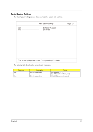 Page 37Chapter 231
Basic System Settings
The Basic System Settings screen allows you to set the system date and time.
The following table describes the parameters in this screen.
ParameterDescriptionFormat
Date Sets the system date. DDD MMM DD, YYYY 
(day-of-the-week month day, year)
Time Sets the system time. HH:MM:SS (hour:minute:second)
Basic System Settings                                Page 1/1
Date -----------------------------------
Time -----------------------------------
↑↓ ←→ = Move highlight bar,...