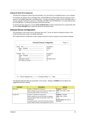 Page 39Chapter 233
Setting the Boot Drive Sequence
The Boot Drive Sequence section lists boot priorities (1st, 2nd and 3rd ) for bootable drives in your computer.
For example, the default value (1st:Floppy Disk, 2nd:CD-ROM and 3rd:Hard Disk) tells the computer to first 
search for a bootable floppy disk in the floppy drive.  If it finds one present, it boots up from that floppy disk.  If 
not, the computer continues to search for a bootable CD-ROM in the CD-ROM drive.  If it cannot boot up from 
the CD-ROM...