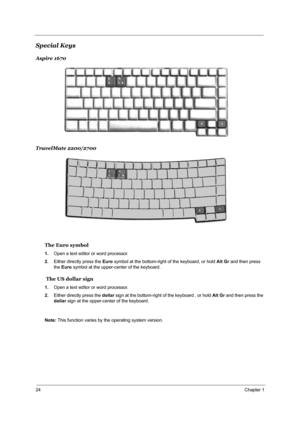 Page 3024Chapter 1
Special Keys
Aspire 1670
TravelMate 2200/2700
The Euro symbol
1.Open a text editor or word processor.
2.Either directly press the Euro symbol at the bottom-right of the keyboard, or hold Alt Gr and then press 
the Euro symbol at the upper-center of the keyboard.
     
 The US dollar sign
1.Open a text editor or word processor.
2.Either directly press the dollar sign at the bottom-right of the keyboard , or hold Alt Gr and then press the 
dollar sign at the opper-center of the keyboard.
Note:...