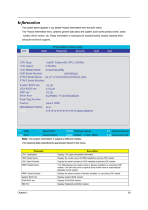 Page 45Chapter 239
Information
The screen below appears if you select Product Information from the main menu:
The Product Information menu contains general data about the system, such as the product name, serial
 number, BIOS version, etc. These information is necessary for troubleshooting (maybe required when 
asking for technical support).
Note: This system information is subject to different medels.
The following table describes the parameters found in this menu:
ParameterDescription
CPU Type/speed Display...