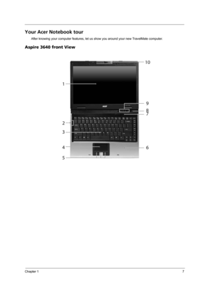 Page 15Chapter 17
Your Acer Notebook tour
After knowing your computer features, let us show you around your new TravelMate computer.
Aspire 3640 front View 