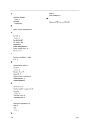 Page 130122Index
N
Notebook Manager
hotkey 16
num lock
on indicator 11
O
Online Support Information 74
P
Panel 5, 53
Bottom 10
Parallel Port 27
PC Card 11, 28
PCMCIA 28
Power Management 31
Power System Check 32
Processor 19
R
Removing the Battery Pack 8
RTC 19
S
Second Level Cache 20
speakers
hotkey 16
Standby Mode 31
Super I/O 19
System Check Procedures 31
System Memory 20
System Utilities 34
T
Temperature 32
Test Compatible Components 68
touchpad
hotkey 16
Touchpad Check 34
Troubleshooting 30
U
Undetermined...