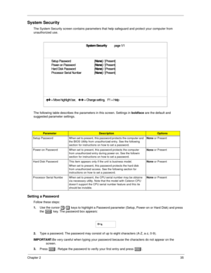 Page 44Chapter 235
System Security
The System Security screen contains parameters that help safeguard and protect your computer from 
unauthorized use.
The following table describes the parameters in this screen. Settings in boldface
 are the default and 
suggested parameter settings.
Setting a Password
Follow these steps: 
1.
Use the cursor 
w
ww w/y
yy y keys to highlight a Password parameter (Setup, Power-on or Hard Disk) and press 
the 
e
ee e key. The password box appears:
2.
Type a password. The password...