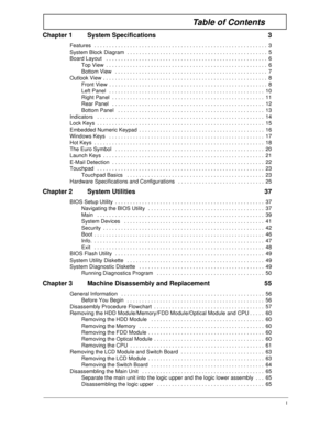 Page 6I
Table of Contents
Chapter 1 System Specifications  3
Features  . . . . . . . . . . . . . . . . . . . . . . . . . . . . . . . . . . . . . . . . . . . . . . . . . . . . . . . . . .  3
System Block Diagram  . . . . . . . . . . . . . . . . . . . . . . . . . . . . . . . . . . . . . . . . . . . . . . .  5
Board Layout   . . . . . . . . . . . . . . . . . . . . . . . . . . . . . . . . . . . . . . . . . . . . . . . . . . . . . .  6
Top View  . . . . . . . . . . . . . . . . . . . . . . . . . . . . . . . . . . ....