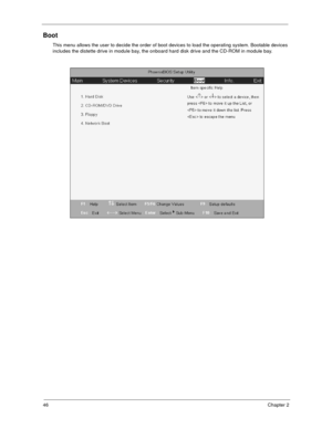 Page 5146Chapter 2
Boot
This menu allows the user to decide the order of boot devices to load the operating system. Bootable devices 
includes the distette drive in module bay, the onboard hard disk drive and the CD-ROM in module bay. 