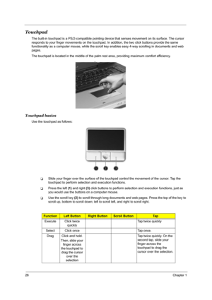 Page 3226Chapter 1
Touchpad
The built-in touchpad is a PS/2-compatible pointing device that senses movement on its surface. The cursor 
responds to your finger movements on the touchpad. In addition, the two click buttons provide the same 
functionality as a computer mouse, while the scroll key enables easy 4-way scrolling in documents and web 
pages.
The touchpad is located in the middle of the palm rest area, providing maximum comfort efficiency.
Touchpad basics
Use the touchpad as follows:
TSlide your finger...