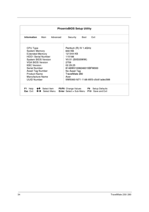 Page 4234TravelMate 230/ 280
PhoenixBIOS Setup Utility
InformationMain        Adv anced           Security         Boot        Exit
CPU Type
System Memory
Extended Memory
HDD1 Serial Number
System BIOS Version
VGA BIOS Version
KBC Version:
Serial Number
Asset Tag Number
Product Name
Manufacture Name
UU ID N um berPentium (R) IV 1.4GHz
640 KB
121344 KB
115188
V0.51 (BXB35WW )
2759
02.29.25
8146W01008246015BFM000
No Asset Tag
TravelMate 280
Acer
5f8f5060-fd71-11d6-85f3-c5c61adec588
F1Help     Select Item...