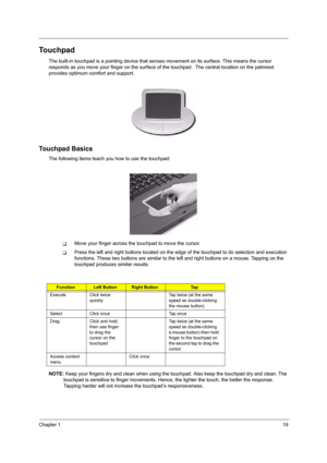 Page 27Chapter 119
Touchpad
The built-in touchpad is a pointing device that senses movement on its surface. This means the cursor 
responds as you move your finger on the surface of the touchpad.  The central location on the palmrest 
provides optimum comfort and support.
Touchpad Basics
The following items teach you how to use the touchpad:
TMove your finger across the touchpad to move the cursor. 
TPress the left and right buttons located on the edge of the touchpad to do selection and execution 
functions....