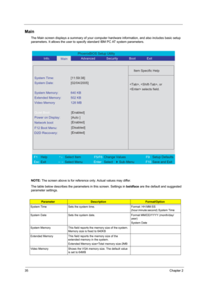Page 4135Chapter 2
Main
The Main screen displays a summary of your computer hardware information, and also includes basic setup 
parameters. It allows the user to specify standard IBM PC AT system parameters.
NOTE: The screen above is for reference only. Actual values may differ.
The table below describes the parameters in this screen. Settings in boldface are the default and suggested 
parameter settings.
ParameterDescriptionFormat/Option
System Time Sets the system time. Format: HH:MM:SS 
(hour:minute:second)...