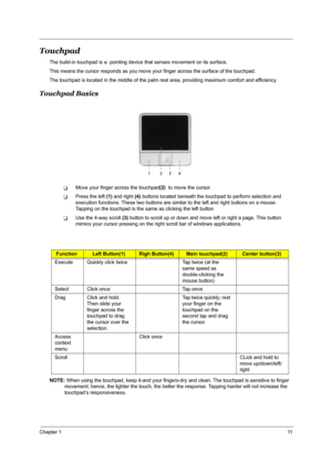 Page 17Chapter 111
Touchpad
The build-in touchpad is a  pointing device that senses movement on its surface. 
This means the cursor responds as you move your finger across the surface of the touchpad.
The touchpad is located in the middle of the palm rest area, providing maximum comfort and efficiency.
Touchpad Basics
TMove your finger across the touchpad(2)  to move the cursor.
TPress the left (1) and right (4) buttons located beneath the touchpad to perform selection and 
execution functions. These two...