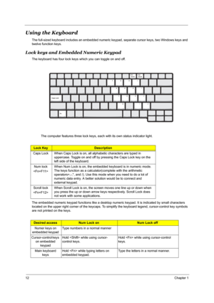 Page 1812Chapter 1
Using the Keyboard 
The full-sized keyboard includes an embedded numeric keypad, separate cursor keys, two Windows keys and 
twelve function keys.
Lock keys and Embedded Numeric Keypad
The keyboard has four lock keys which you can toggle on and off.
 
The computer features three lock keys, each with its own status indicator light.
The embedded numeric keypad functions like a desktop numeric keypad. It is indicated by small characters 
located on the upper right corner of the keycaps. To...