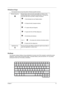 Page 19Chapter 113
Windows Keys
       The keyboard has two keys that perform Windows-specific functoins.
Hotkeys
The computer employs hotkeys or key combinations to access most of the computer’s controls like screen 
brightness, volume output and the BIOS utility. To activate hotkeys, press and hold the  key before 
pressing the other key in the hotkey combination.Windows logo key Pressed alone, this key has the same effect as clicking on the 
Windows Start button; it launches the Start menu. It can also be...