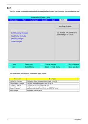 Page 6254Chapter 2
Exit
The Exit screen contains parameters that help safeguard and protect your computer from unauthorized use.
The table below describes the parameters in this screen.
ParameterDescription
Exit Saving Changes Exit System Setup and save your changes to CMOS.
Exit Discarding Changes Exit utility without saving setup data to CMOS.
Load Setup Default Load default values for all SETUP item.
Discard Changes Load previous values from CMOS for all SETUP items.
Save Changes Save Setup Data to CMOS....