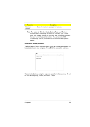 Page 29Chapter 2 23
Note: The values for Cylinder, Heads, Sectors/Track and Maximum 
Capacity are automatically set when the hard disk type is set to 
Auto.  We suggest you set the hard disk type to [Auto] for problem-
free and correct hard disk detection.  The computer’s BIOS 
automatically sets the parameters in this screen to their optimal 
values.
Boot Device Priority Submenu
The Boot Device Priority submenu allows you to set the boot sequence of the 
bootable devices in your computer.  Press Enter
 to...