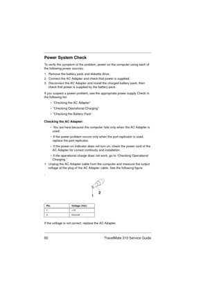 Page 6660 TravelMate 310 Service Guide
Power System Check
To verify the symptom of the problem, power on the computer using each of 
the following power sources:
1.  Remove the battery pack and diskette drive.
2.  Connect the AC Adapter and check that power is supplied.
3.  Disconnect the AC Adapter and install the charged battery pack; then 
check that power is supplied by the battery pack.
If you suspect a power problem, see the appropriate power supply Check in 
the following list:
•  “Checking the AC...