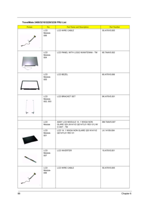 Page 9588Chapter 6
LCD 
Module-
006LCD WIRE CABLE50.A70V5.005
LCD 
Module-
004LCD PANEL WITH LOGO W/ANTENNA - TM60.TAAV5.002
LCD 
Module-
005LCD BEZEL60.A70V5.006
LCD 
Module-
002, 003LCD BRACKET SET6K.A70V5.001
LCD 
ModuleASSY LCD MODULE 14 .1 WXGA NON 
GLARE QDI (N141V2 QD14TL01 REV 01) W/
O ANT - TM6M.TAAV5.007
LCD 
Module-
001LCD 14 .1 WXGA NON GLARE QDI N141V2 
QD14TL01 REV 01LK.14109.004
LCD 
Module-
007LCD INVERTER19.A70V5.001
LCD 
Module-
006LCD WIRE CABLE50.A70V5.005
TravelMate 2400/3210/3220/3230 FRU...