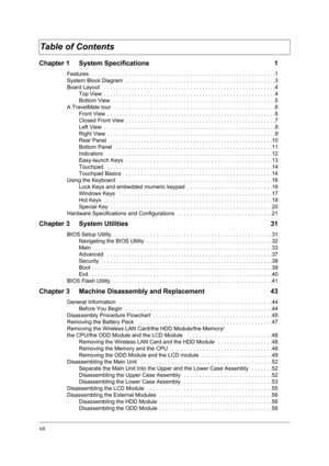 Page 7
VII
Chapter 1 System Specifications  1
Features  . . . . . . . . . . . . . . . . . . . . . . . . . . . . . . . . . . . . . . . . . . . . . . . . . . . . . . . . . . . .1
System Block Diagram  . . . . . . . . . . . . . . . . . . . . . . . . . . . . . . . . . . . . . . . . . . . . . . . . .3
Board Layout   . . . . . . . . . . . . . . . . . . . . . . . . . . . . . . . . . . . . . . . . . . . . . . . . . . . . . . . .4 Top View  . . . . . . . . . . . . . . . . . . . . . . . . . . . . . . . . . . . . . . . ....