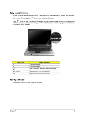 Page 19Chapter 113
Easy-Launch Buttons
Located above the keyboard are four buttons. These buttons are called easy-launch buttons. They are: mail 
Web browser, Empowering Key “ “and one user-programmable button.
Press “  “ to run the Acer Empowering Technology. The mail and Web browser buttons are pre-set to email 
and Internet programs, but can be reset by users. To set the Web browser, mail and programmable buttons, 
run the Acer Launch Manager. 
Touchpad Basics
The following teaches you how to use the...