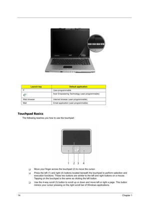 Page 2214Chapter 1
Touchpad Basics
The following teaches you how to use the touchpad:
TMove your finger across the touchpad (2) to move the cursor. 
TPress the left (1) and right (4) buttons located beneath the touchpad to perform selection and 
execution functions. These two buttons are similar to the left and right buttons on a mouse. 
Tapping on the touchpad is the same as clicking the left button.
TUse the 4-way scroll (3) button to scroll up or down and move left or right a page. This button 
mimics your...