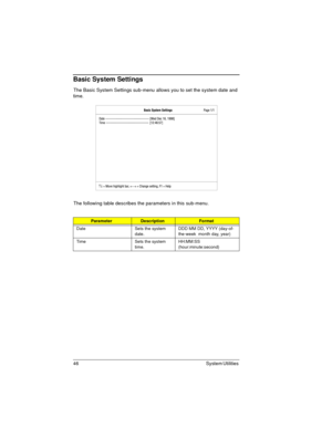 Page 4646 System Utilities 
Basic System Settings
The Basic System Settings sub-menu allows you to set the system date and 
time.
The following table describes the parameters in this sub-menu.
ParameterDescriptionFormat
Date Sets the system 
date.DDD MM DD, YYYY (day-of-
the-week  month day, year)
Time Sets the system 
time.HH:MM:SS 
(hour:minute:second) 