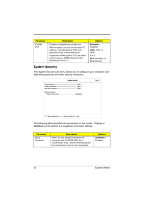 Page 5050 System Utilities 
System Security
The System Security sub-menu allows you to safeguard your computer and 
data with passwords and other security measures.
The following table describes the parameters in this screen.  Settings in 
boldface
 are the default and suggested parameter settings.
Parallel 
PortEnables or disables the parallel port.
When enabled, you can set the base I/O 
address, interrupt request (IRQ) and 
operation mode of the parallel port.
If operation mode is set to ECP, the direct...