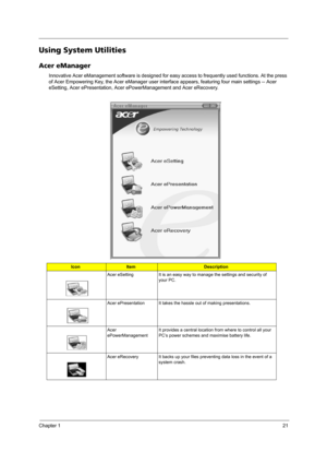 Page 27Chapter 121
Using System Utilities
Acer eManager
Innovative Acer eManagement software is designed for easy access to frequently used functions. At the press 
of Acer Empowering Key, the Acer eManager user interface appears, featuring four main settings -- Acer 
eSetting, Acer ePresentation, Acer ePowerManagement and Acer eRecovery.
IconItemDescription
Acer eSetting It is an easy way to manage the settings and security of 
your PC.
Acer ePresentation It takes the hassle out of making presentations.
Acer...