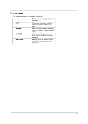 Page 3III
Conventions
The following conventions are used in this manual:
Screen messagesDenotes actual messages that appear 
on screen.
NOTE
Gives bits and pieces of additional 
information related to the current 
topic.
WARNING
Alerts you to any damage that might 
result from doing or not doing specific 
actions.
CAUTION
Gives precautionary measures to 
avoid possible hardware or software 
problems.
IMPORTANT
Reminds you to do specific actions 
relevant to the accomplishment of 
procedures.
340SG.book  Page...