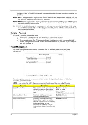 Page 3832Chapter 2
password. (Refer to Chapter 5 Jumper and Connector Information for more information on setting the 
switches.)
IMPORTANT: If Setup password is forgot by users, service technician may need to update computer’s BIOS or 
set up jumper SW3 switch 6 on mainboard to bypass. 
IMPORTANT:If Power-on password is forgot by users, service technician may set the jumper SW3 to bypass 
password to remove the password.   
IMPORTANT:  If Hard Disk Password is missing, service technician can solve the lock of...