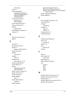 Page 127Index   121
removing 63
POST 73 
Power Management Display Standby Mode 25 
Hard Disk Standby Mode 25
Hibernation Mode 25 
Standby Mode 25
Power System Check 71 Battery Pack 71 
Power Adapter 71
Power System Checkout 71 
Power-on Password 34 
PQA 39 diagnostics 39
PQA Diagnostics Program 39
Processor 17
R
Removing a Password 35
RMA 87
S
scroll lock 11 
Second Level Cache 17 
Serial Port settings in BIOS Utility 33
Setup Password 34
Speaker removing 59
speakers hotkey 13
Standby mode
status indicator 10,...
