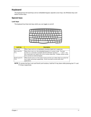 Page 17Chapter 111
Keyboard
The keyboard has full-sized keys and an embedded keypad, separate cursor keys, two Windows keys and 
twelve function keys.
Special keys
Lock keys
The keyboard has three lock keys which you can toggle on and off.
NOTE: 
To access the Num Lock and Scroll Lock functions, hold the Fn key down while pressing the F11 and 
F12 keys respectively.
Lock keyDescription
Caps Lock When Caps Lock is on, all alphabetic characters typed are in uppercase.
Num Lock (Fn-
F11)When Num Lock is on, the...