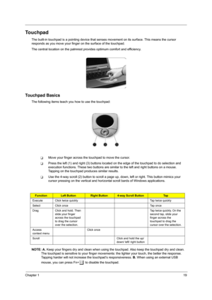 Page 25Chapter 119
Touchpad
The built-in touchpad is a pointing device that senses movement on its surface. This means the cursor 
responds as you move your finger on the surface of the touchpad.
The central location on the palmrest provides optimum comfort and efficiency.
Touchpad Basics
The following items teach you how to use the touchpad:
TMove your finger across the touchpad to move the cursor.
TPress the left (1) and right (3) buttons located on the edge of the touchpad to do selection and 
execution...