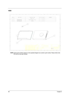 Page 9386Chapter 6
HDD
NOTE: Some part numbers appear on the exploded diagram are vendor’s part number. Please refer to the 
FRU list for Acer part number.
71/56U32/112
97/:B635/5S1
K3
BTTZ!IEE!NPEVMF3114
1:3:
76/59U15/YYY
Kbnft!D!Dibo 