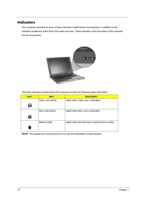 Page 2014Chapter 1
Indicators
Your computer provides an array of three indicators located above the keyboard, in addition to four
indicators positioned at the front of the palm rest area. These indicators show the status of the computer
and its componetns.
                                                                                      
The three indicators located above the keyboard provide the following status information:
NOTE: The keypad lock must be turned on to use the embedded numeric keypad....