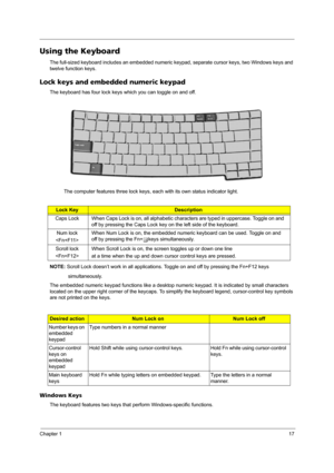 Page 23Chapter 117
Using the Keyboard
The full-sized keyboard includes an embedded numeric keypad, separate cursor keys, two Windows keys and 
twelve function keys.
Lock keys and embedded numeric keypad
The keyboard has four lock keys which you can toggle on and off.
 
The computer features three lock keys, each with its own status indicator light.
NOTE: Scroll Lock doesn’t work in all applications. Toggle on and off by pressing the Fn+F12 keys
             simultaneously.
The embedded numeric keypad functions...