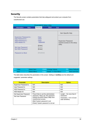 Page 45Chapter 239
Security
The Security screen contains parameters that help safeguard and protect your computer from 
unauthorized use.
The table below describes the parameters in this screen. Settings in boldface are the default and 
suggested  parameter settings.
ParameterDescriptionOption
Supervisor Password Is N/A N/A
User Password Is N/A N/A
HDD Password Is N/A N/A
HDD Master ID N/A N/A
Set Supervisor Password Press Enter to set the administrator 
password. When set, this password 
protects the BIOS...