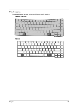 Page 26Chapter 119
Windows Keys
The keyboard features two keys that perform Windows-specific functions.
TM 4600 / TM 4100
AS 1690yyp p
Key Description
Tab
E
F
M
Shift M
R
Key Description
Tab
E
F
M
Shift M
R 