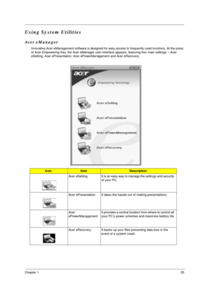 Page 32Chapter 125
Using System Utilities
Acer eManager
Innovative Acer eManagement software is designed for easy access to frequently used functions. At the press 
of Acer Empowering Key, the Acer eManager user interface appears, featuring four main settings -- Acer 
eSetting, Acer ePresentation, Acer ePowerManagement and Acer eRecovery.
IconItemDescription
Acer eSetting It is an easy way to manage the settings and security 
of your PC.
Acer ePresentation It takes the hassle out of making presentations.
Acer...